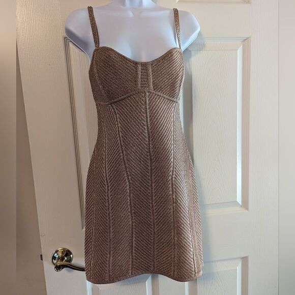 HERVE LEGER Ottoman Metallic Stretch Party Cocktail Mini Dress Rose Gold Size L - Picture 1 of 16